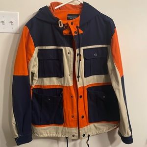 Orange blue and beige jacket with hood